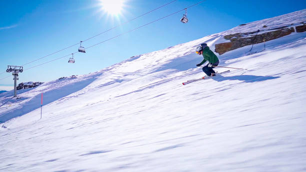 istock Professional ski instructor speed skiing on Italian Alps (Monte Rosa) 2151247561
