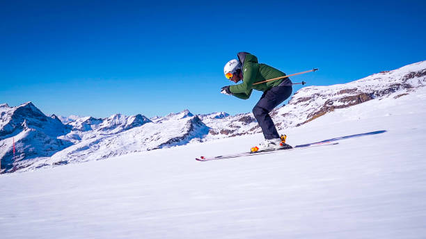 Professional ski instructor speed skiing on Italian Alps (Monte Rosa)