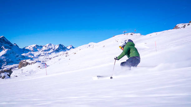 istock Professional ski instructor speed skiing on Italian Alps (Monte Rosa) 2151247826