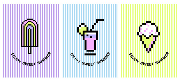 Pixel Y2k retro sticker pack. Funny summertime cads. pixelated ice-creams, drink. abstract shapes, 8bit icons in trendy retro style. Vector illustration