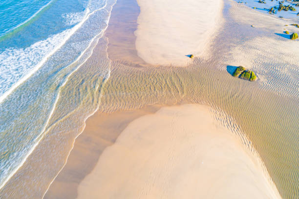 istock shore of a beach with a fresh water stream, aerial view from drone 2151249880