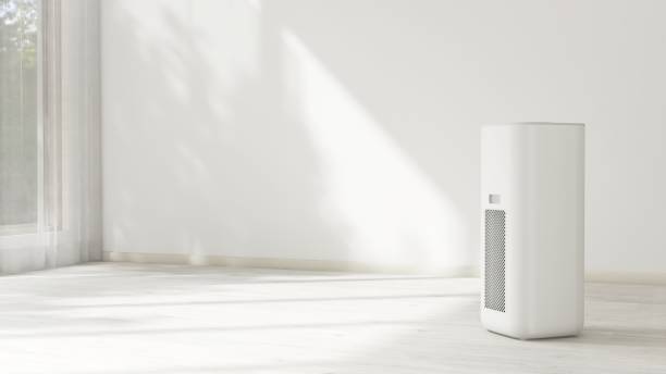 istock Modern air purifier in white wall room in sunlight from window with sheer curtain, tree shadow on baseboard, wood laminated parquet floor 2151251013