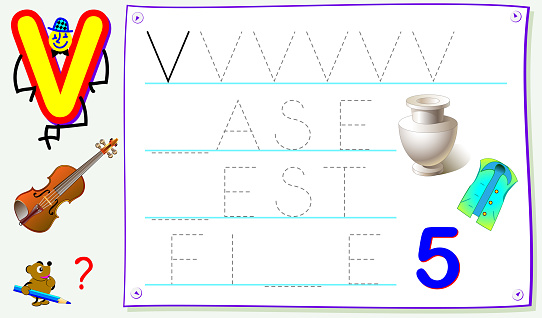 Worksheet for kids with letter v for study alphabet. Developing skills for writing and reading. Learn trace ABC letters. Vector cartoon image.