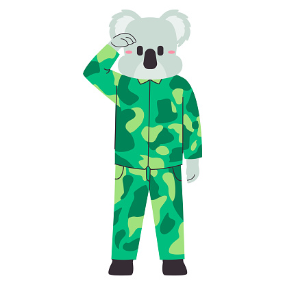 army animal grey koala wear green color military clothes standing with saluting pose vector