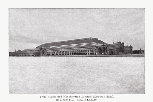 The Manufactures and Liberal Arts Building during the World's Columbian Exposition in Chicago, 1893. Designed by George B. Post. If this building were standing today, it would rank second in volume (8,500,000m3) and third in footprint (130,000m2) on list of largest buildings. It exhibited works related to literature, science, art and music. Halftone print based on a photograph, published in 1893.