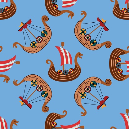 Seamless pattern with a drakkar. Design for fabric, textiles, wallpaper, packaging.