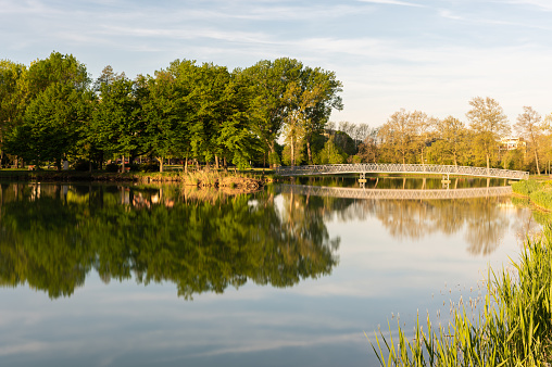 Long exposure shot of a small island with a bridge in the Boating Lake in Ajka in the morning in springtime.