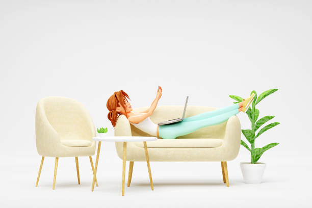 istock Cartoon smiling girl lying on sofa and using laptop and smartphone. Distance work, study and communication concept. 3d render 2151265688