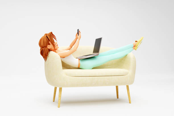 istock Cartoon smiling girl lying on sofa and using laptop and smartphone. Distance work, study and communication concept. 3d render 2151265730