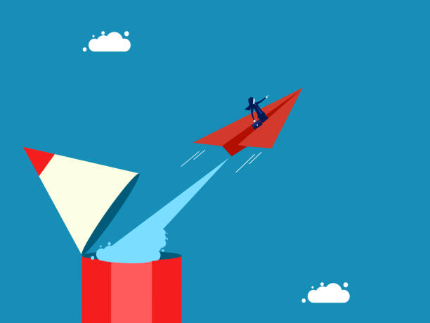 istock Leaders create and develop. Businesswoman flies in paper airplane out of pencil 2151266936