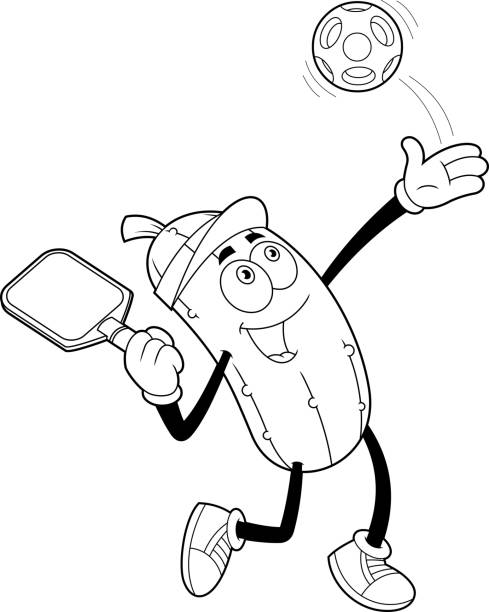 Outlined Funny Pickle Cartoon Character Playing Pickleball Outlined Funny Pickle Cartoon Character Playing Pickleball. Vector Hand Drawn Illustration Isolated On Transparent Background cartoon of a dill pickle stock illustrations
