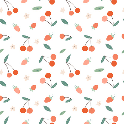 cute summer pattern with cherries and strawberries on a white background. Seamless hand-drawn background for children's textiles, packaging, textiles