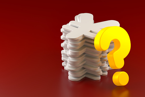 A Stack of Japanese Yen and a Neon-Lit Question Mark on a Red Background. 3d Rendering