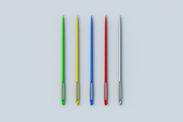 Set of colorful needles for sewing on gray background. Tailor tool. 3d render