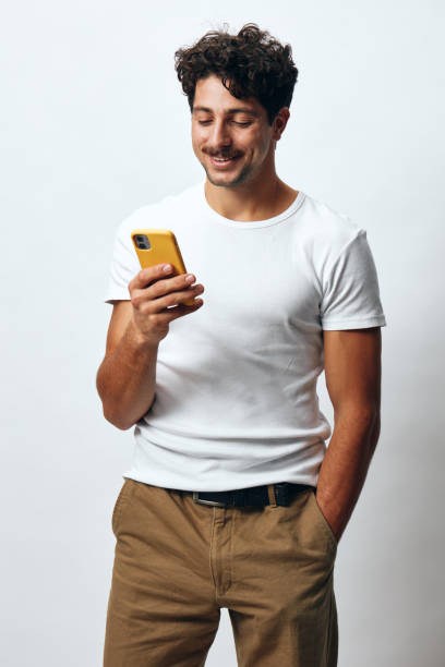 istock Hipster man technology message phone white online 2151270191