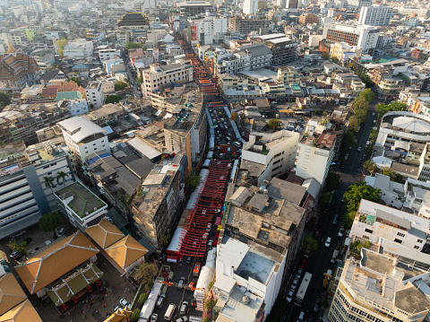 An aerial view of the Yaowarat road or Chinatown, The most famous tourist attraction in Bangkok, Thailand.