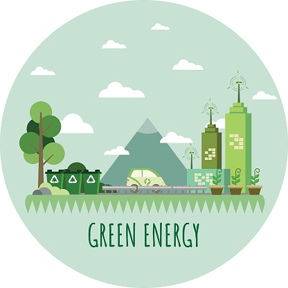 Vector green energy icon with wind turbines, recycling, EV, and trees