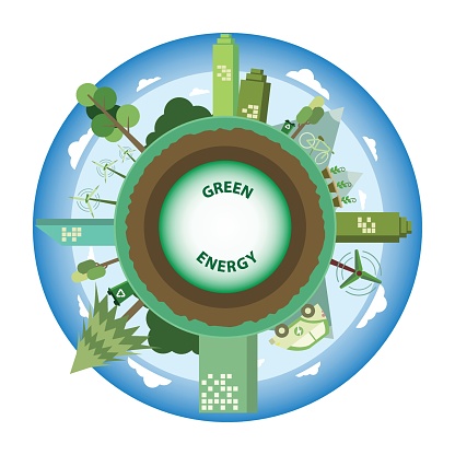 Vector green energy infographic with wind turbines, recycling, EV, and trees