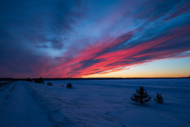 Snowy field with a sunset creating a red sky afterglow in the natural landscape.