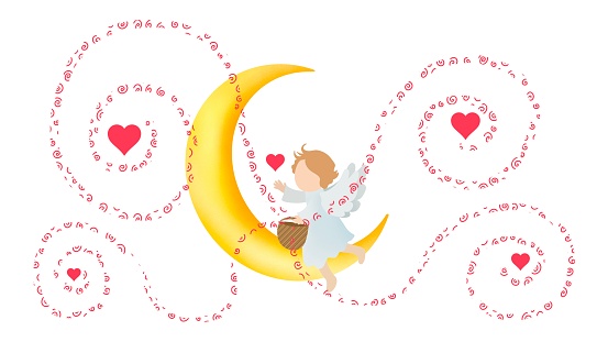 Enchanted fairy, With an aura of calm An angel sitting on a crescent moon Her wings gracefully surround her. She holds a cup full of heart and love, santa claus on the moon, Angel in heaven land