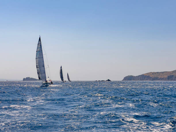 The sailboats are racing in groups. It's bright and clear weather. Peaceful team spirit. Coloful  sails in horizon.