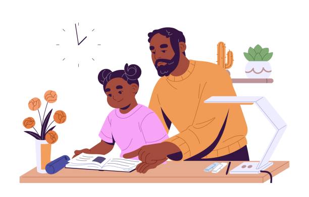 Family do homework together. Father helps his kid with home exercises. Dad guidances with study, reading of child. Smart student and parent learning school book at the desk. Flat vector illustration Family do homework together. Father helps his kid with home exercises. Dad guidances with study, reading of child. Smart student and parent learning school book at the desk. Flat vector illustration. parent guide stock illustrations