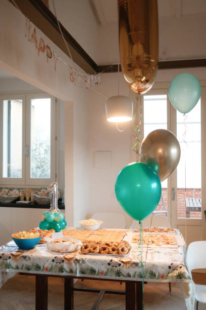 Everything is ready for the first birthday of a baby boy. House decorated for birthday party.