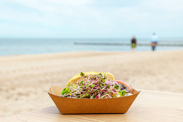 fish roll in sandwich box on a table on a beach. fillings in paper ecological boxes craft. Traditional north german street food. wheat bun with marinated herring matjes fish with onion and Cress salad rollo de pescado en caja de sándwich en una mesa en una playa. rellenos en cajas ecológicas de papel artesanal. comida callejera tradicional del norte de alemania. bollo de trigo con arenque marinado matjes de pescado con cebolla y ensalada de berros