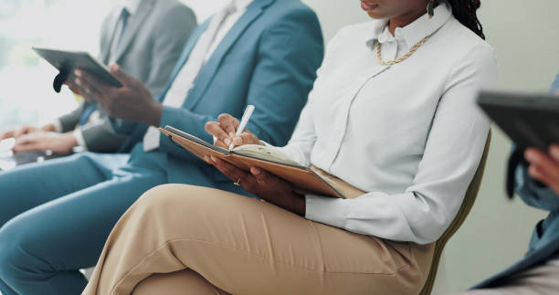 istock Conference, notes or business people in row as audience or technology for decision making at tradeshow. Finance professional, diversity or problem solving on tablet or calculations on b2b investment 2151281605