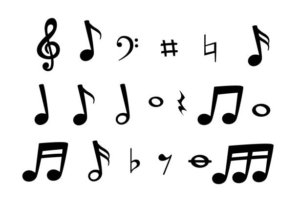 ilustraciones, imágenes clip art, dibujos animados e iconos de stock de conjunto de iconos de notas musicales vector, símbolo de notas negras, símbolo de notas musicales - partitura