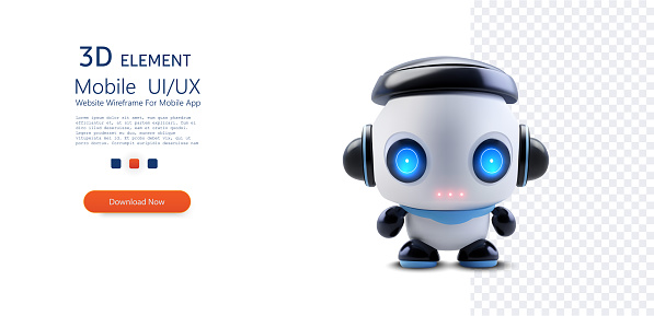 Adorable High-Tech Companion: Blue-Eyed Robot with a Friendly Smile on Transparent Background. Chat Bot neural network, AI servers and robots technology. 3d vector illustration