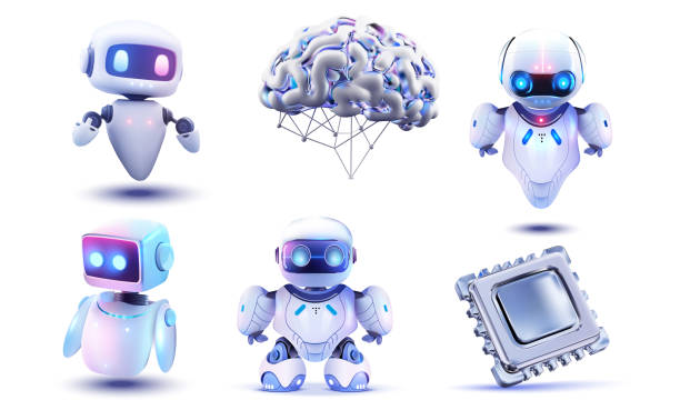 Artificial bot, hand mascot, human and chatbot, intelligence space, artificial AI support technology. Stock vector Artificial bot, hand mascot, human and chatbot, intelligence space, artificial AI support technology. Collection of Cute Futuristic Robots in Various Poses on White Background. Vector illustration cartoon robot images stock illustrations