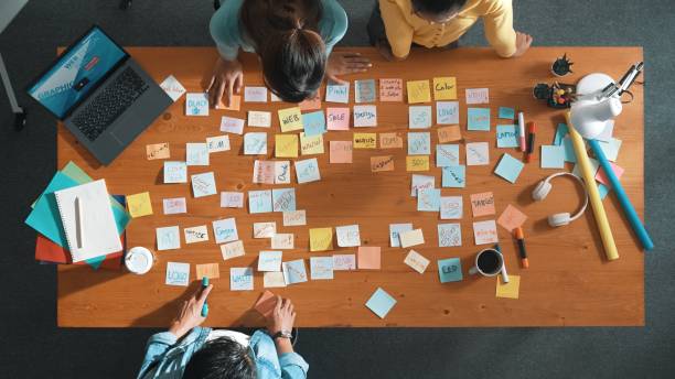 istock Top view of manager looking idea on sticky notes and explain idea. Symposium. 2151287159