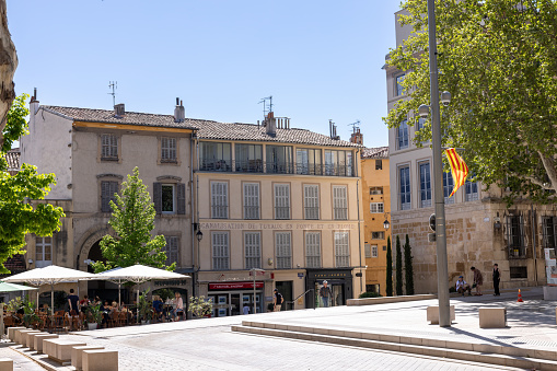 Aix en Provence, city center with shops and cafes in spring in France