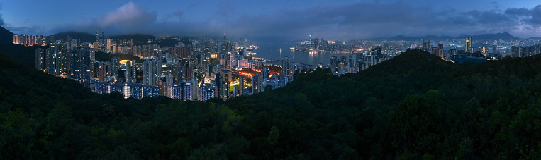 Aerial view of Hong Kong, captured around sunset from the summit of Braemar Hill