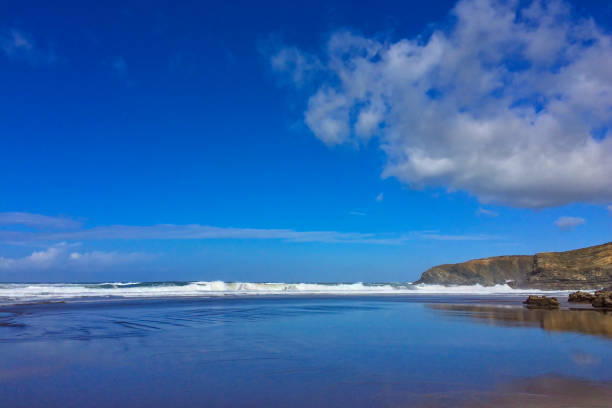 A sandy beach with a reflective surface under a clear blue sky, waves crashing, and a rocky formation in the distance.