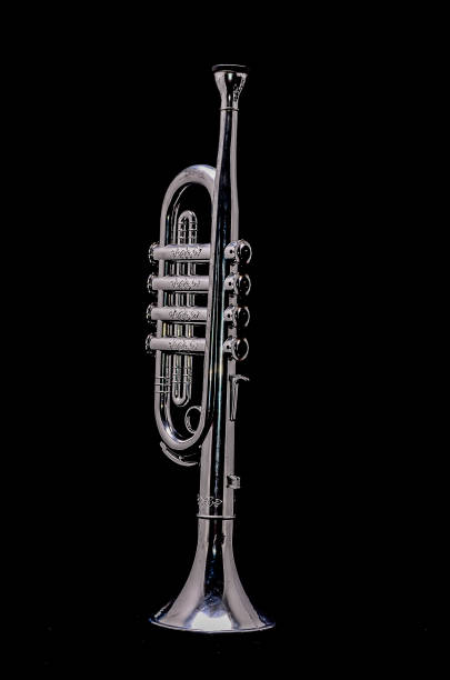 istock A silver trumpet is standing upright on a black background 2151293855