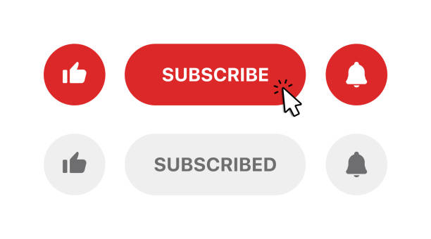 Subscribe button Bell, notification icon button and hand cursor click. Red button subscribe to channel social media, marketing, blog. Vector illustration for website, mobile app, UI UX. EPS 10