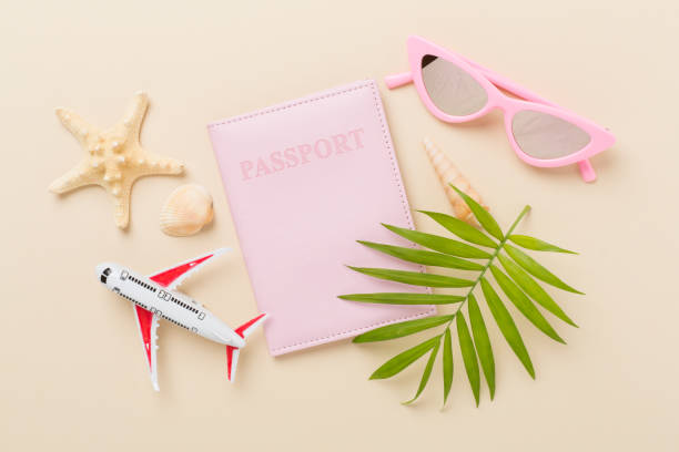 istock Bright flat lay with travel accessories on color background, top view 2151302819