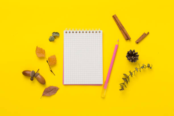 istock Autumn leaves with notebook on color background, top view 2151302833