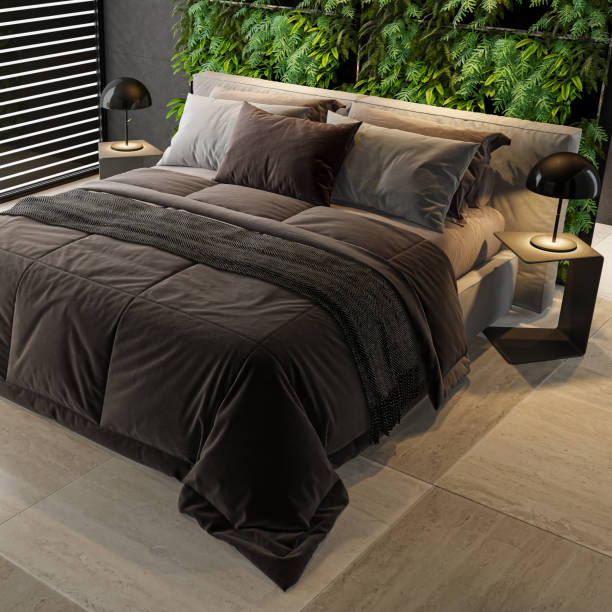 istock Modern dark interior bedroom with green foliage wall 2151303221