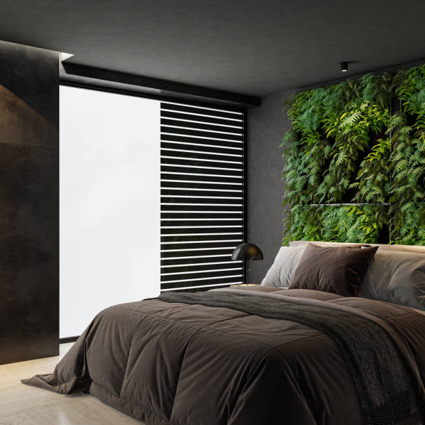 istock Modern dark interior bedroom with green foliage wall 2151303230