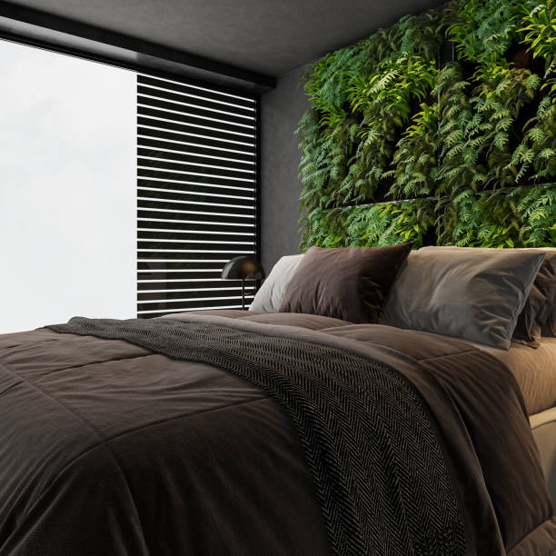 istock Modern dark interior bedroom with green foliage wall 2151303237