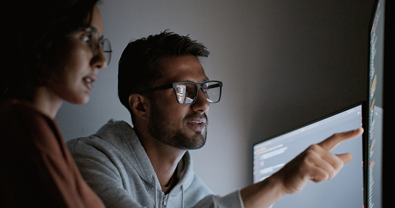 Hispanic Latin American Couple Software Engineer Developer Use Computer ...
