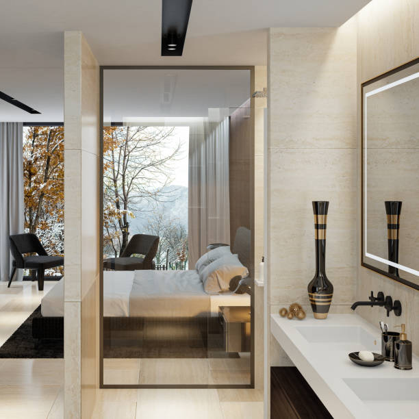 Luxurious apartment master bedroom interior with bathroom with shower inspired by high class hotel room.