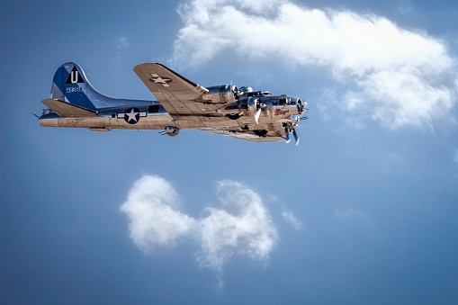 Santa Teresa, New Mexico, USA - April 28, 2024: A B-17 Flying Fortress, named Sentimental Journey, is the skies of New Mexico.