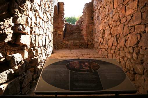 Merida, Extremadura, Spain- October 23, 2023: Colossal Roman Amphitheater remains in Merida city