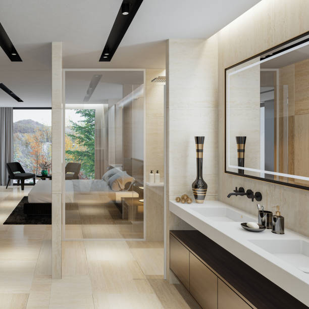 istock Luxurious apartment master bedroom interior with bathroom with shower inspired by high class hotel room. 2151303451