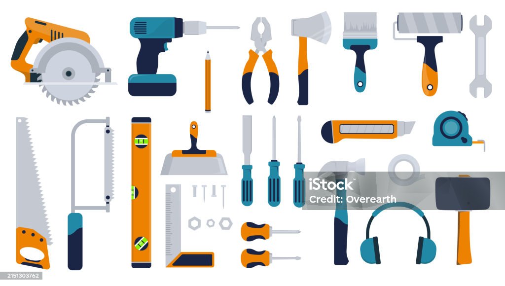 Carpenter Tools Vector Collection In Side View Flat Design Ebjects ...