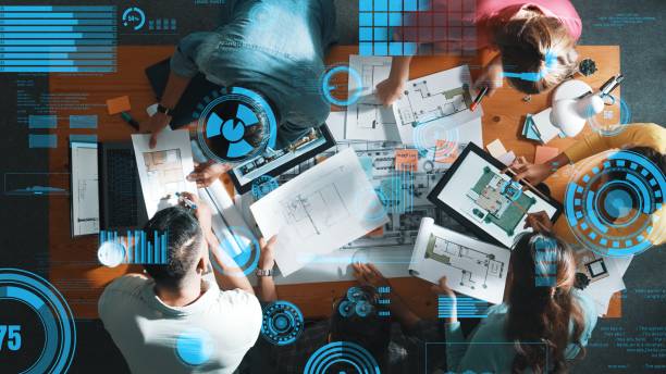 istock Top down view of civil engineer planning and writing at blueprint. Symposium. 2151304012